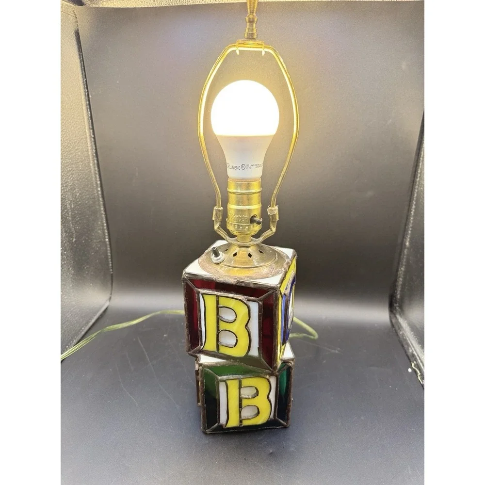 Vtg Stained Glass Alphabet ABC Block Table Lamp Base Nursery Nightlight Sailboat